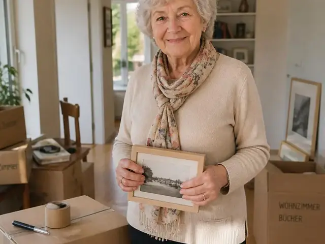 Älteres Ehepaar packt Umzugskartons in einer hellen, kleineren Wohnung – Sinnbild für den Umzug ins Alter.